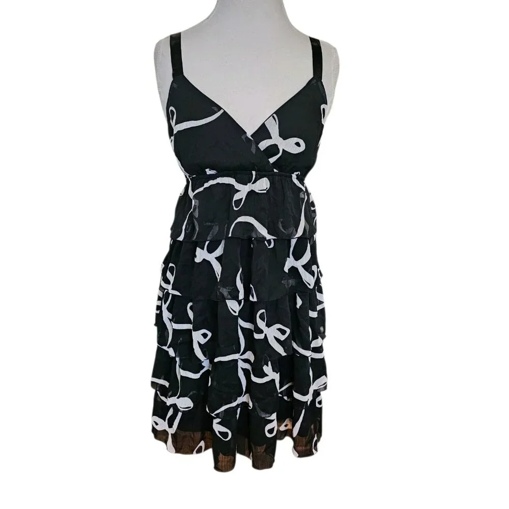 Y2K Womens Babydoll Dress‎ Black Bow Print Tiered Ruffles Sz M L Retro Coquette